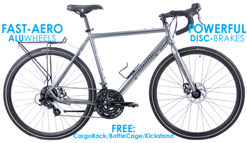 LTD QTYS of these Super Commuter Touring bikes Windsor Tourist FB or DropBar Advanced Aluminum Touring/Commuter Bikes with CrMo Forks, FULL SHIMANO 3X7Speed + Powerful Disc Brakes, PunctureGuard/ReflectiveSideWall Tires Click to see enlarged photo